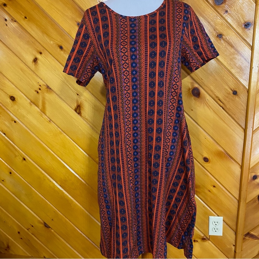 Vermont Country Store Vibrant Tribal Print Orange Soft V Neck Pockets Midi Dress